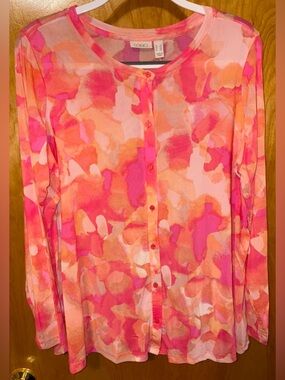 LOGO by Lori Goldstein pink watercolor print mesh cardigan Size 1X A474584
